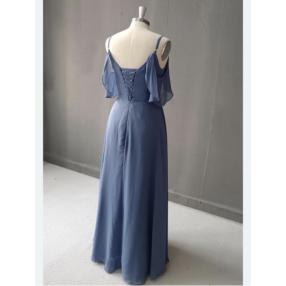 NEW Bridesmaid Formal Dress stormy Blue Cold Shoulder strapy sleeve size 10 M/L